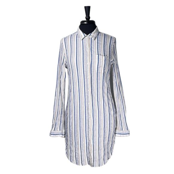 Trovata Birds of Paradis Women’s Shirt Dress M Linen Blend Stripe Pocket Button - Picture 1 of 9